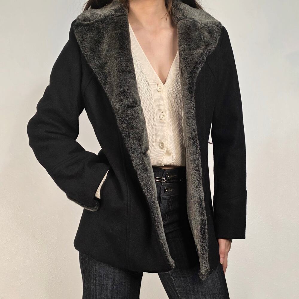 Y2K Wool Penny Lane Coat Faux Fur Trim Fitted Small Black Short Corporate Goth